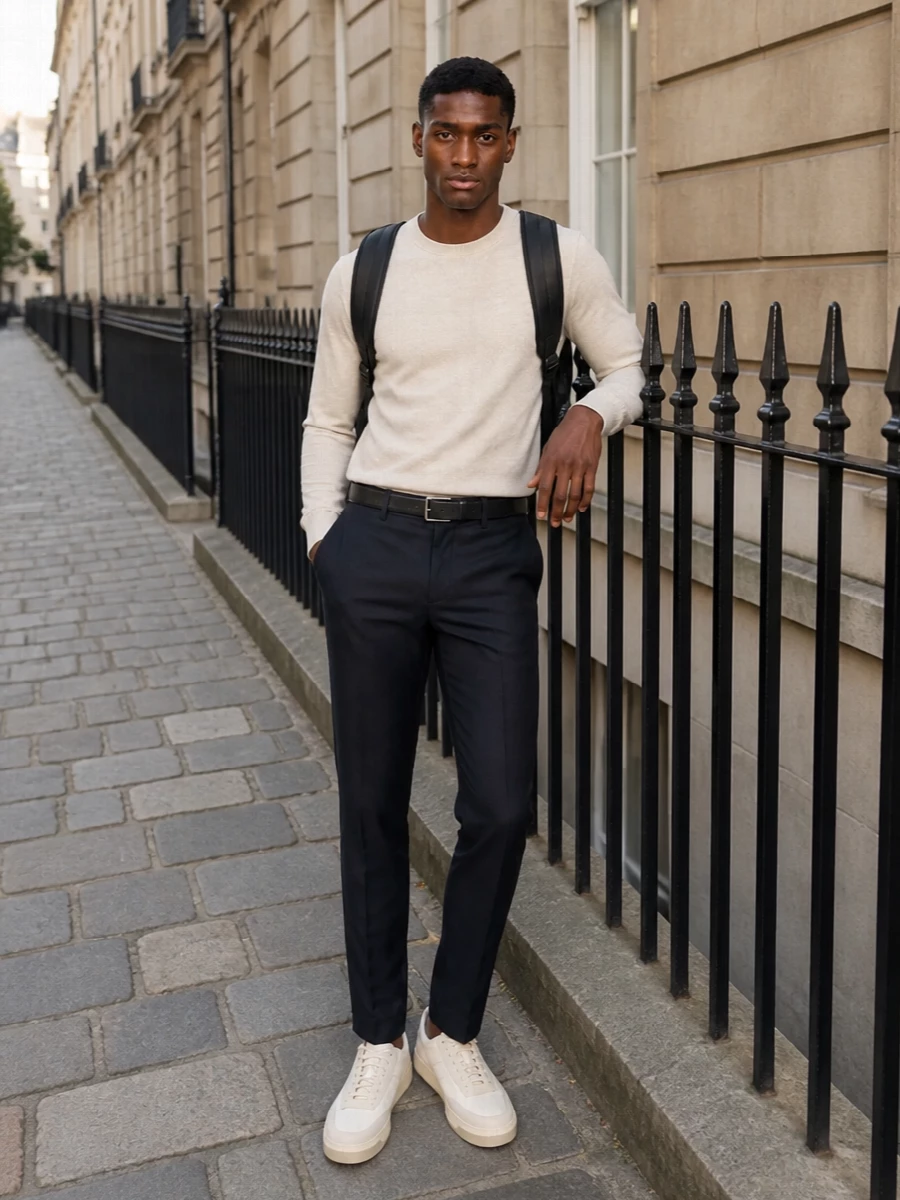 Boss ivory sweater navy tailored trousers outfit