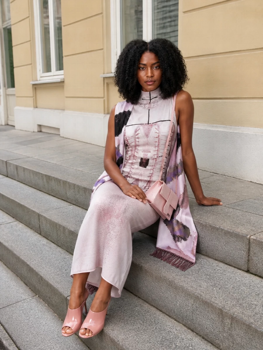 A body-skimming trompe-l’œil column meets blush sculpted mules and a slim woven shoulder bag, all playing in the same soft pink and ink spectrum. The result is sharply feminine and graphic, with every accessory chosen to extend the dress’s illusionary lines rather than distract from them.