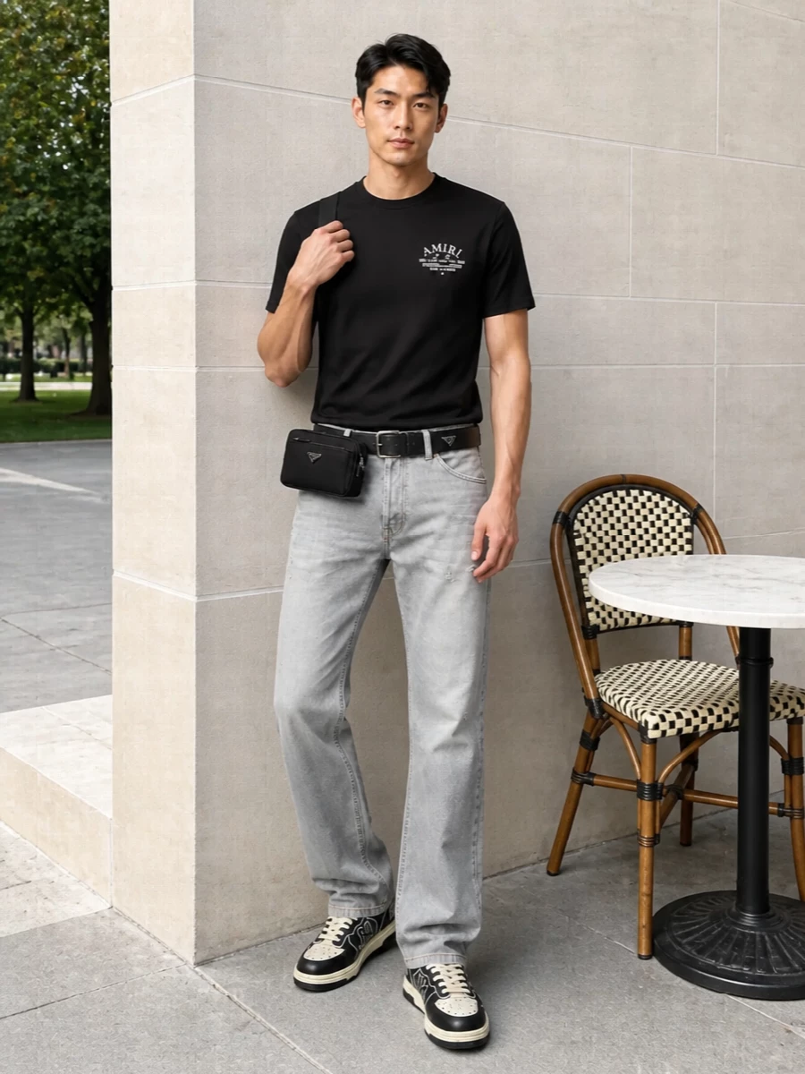 Amiri black tee grey jeans sneakers