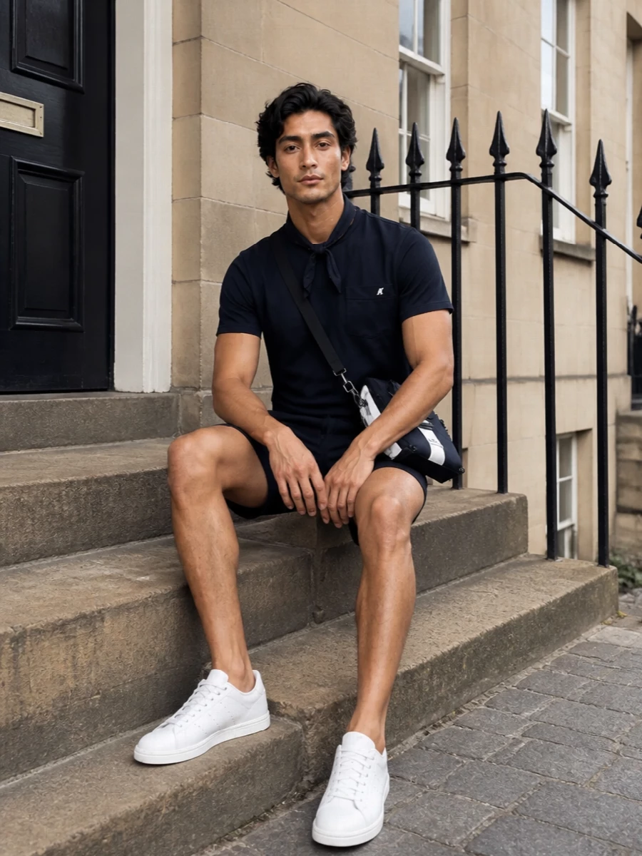 Navy on navy keeps this combination quiet and sharp, letting the clean lines and subtle technical details do the work. The shorter deck short gives the sporty tee a more modern, city-ready edge, while crisp white sneakers and a compact technical crossbody bring just enough contrast and practicality for full days on the move. A slim navy scarf finishes the mix with a small, intentional note of sophistication without tipping it out of relaxed territory.