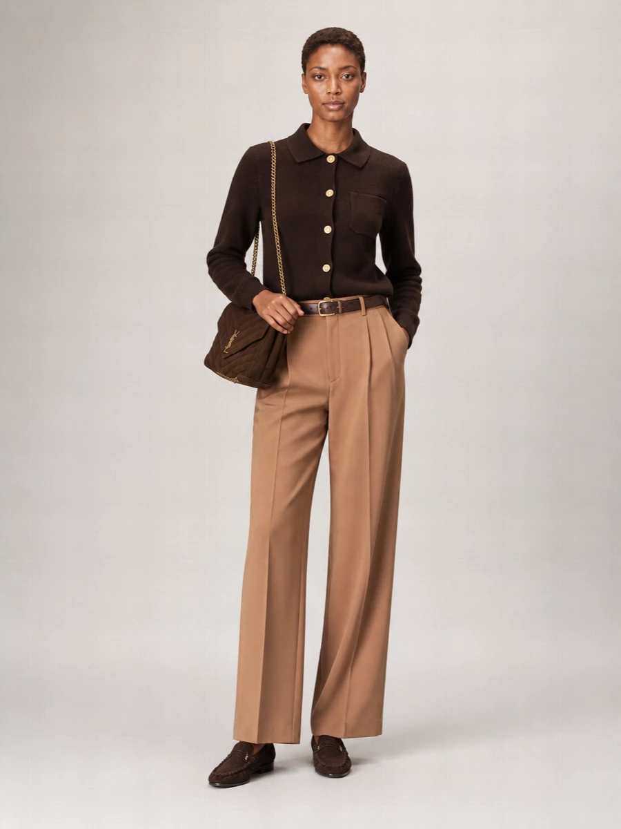 Deep chocolate and camel play together here in a clean, elongated line that lets the cardigan behave like soft tailoring. The high-rise wide-leg trouser and low-profile loafers keep it quietly collegiate yet grown up, while the matching suede bag and belt tie the gold accents together. It is a polished, Left Bank-feeling ensemble that reads as considered without feeling overworked.