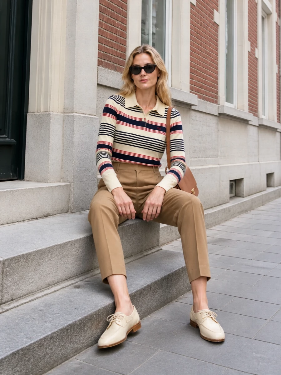 Celine striped polo camel trousers outfit