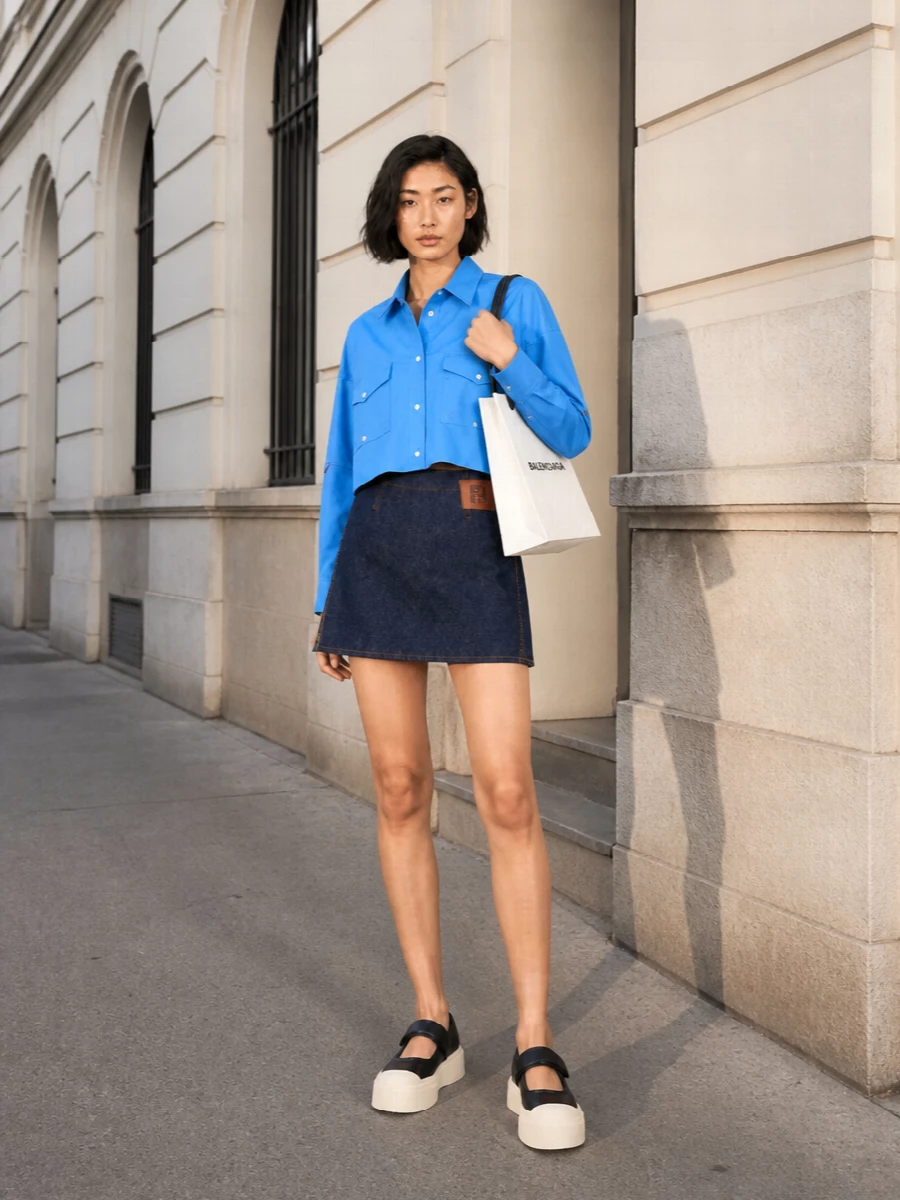 Cobalt Miu Miu on top of a structured Fendi indigo mini gives a tight, graphic take on blue, with workwear details pushed into a city-street register. Marni’s chunky Mary-Jane sneaker keeps the proportions playful and grounded, while the crisp Balenciaga mini tote adds a stark logo pop that cuts through the color. It is easy, confident and slightly irreverent, built for days that move from errands to late coffee runs without a change.
