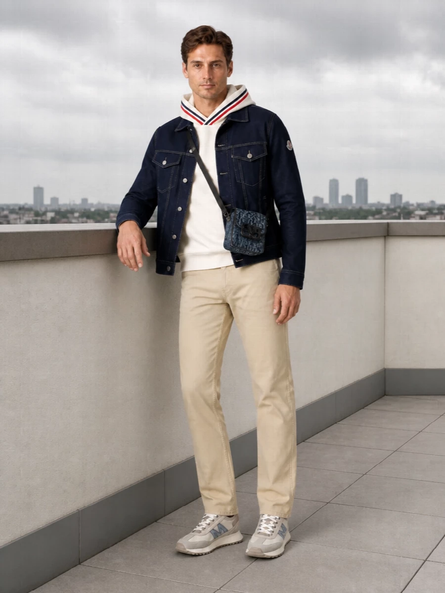 Moncler denim jacket beige jeans sneakers