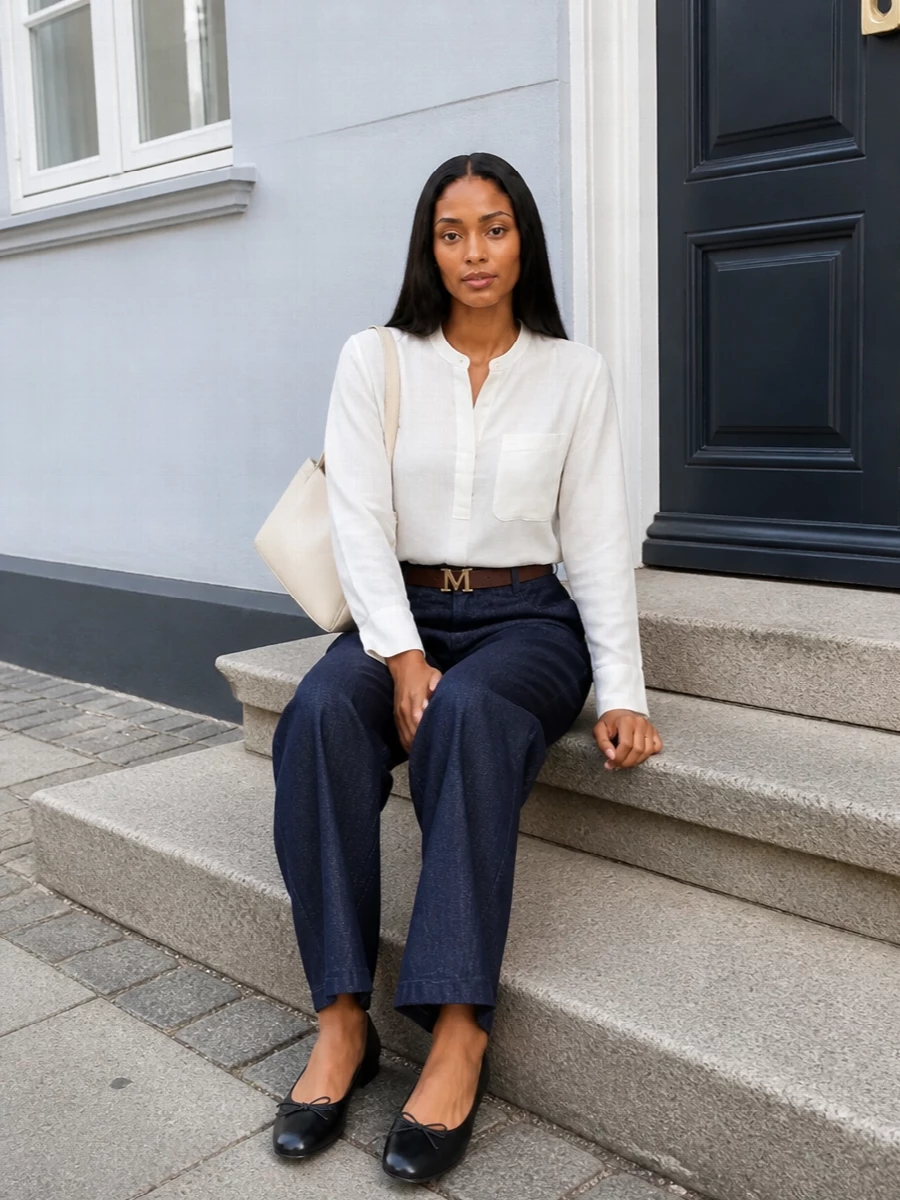 S max mara wide leg jeans white blouse outfit