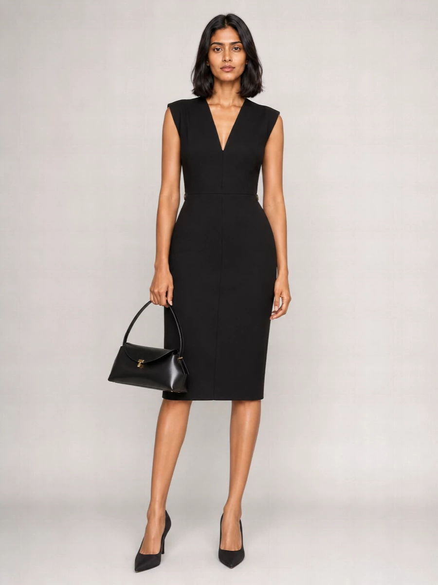 I am treating this as a dress-driven ensemble, because the Gucci sheath and Totême bag together already deliver a complete, sculptural evening statement without needing the extra seam of a separate top and trouser. The result is a pure black column, all clean angles and subtle waist definition, that feels quietly commanding rather than showy. Balenciaga’s razor-sharp pump finishes the line so the bag reads as the single, precise accent in gold and structure.