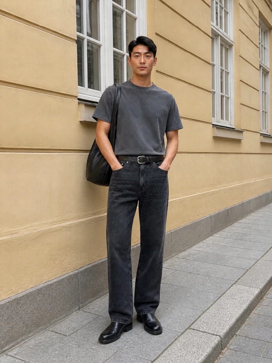 Our legacy washed black jeans charcoal tee outfit