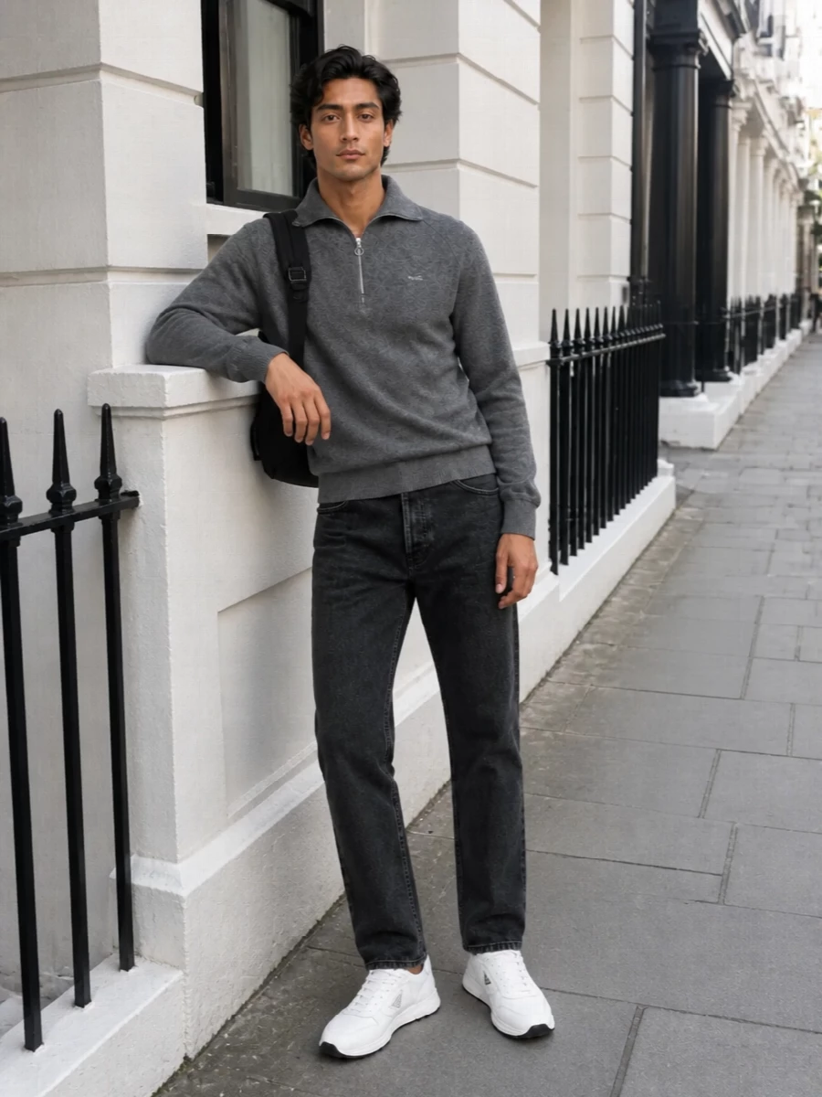 Prada grey half zip black jeans white sneakers
