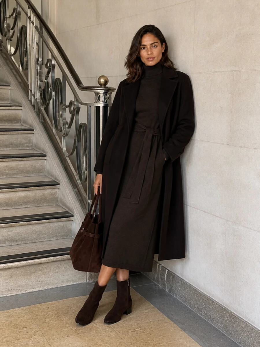 Calvin klein coat lemaire brown knit dress outfit
