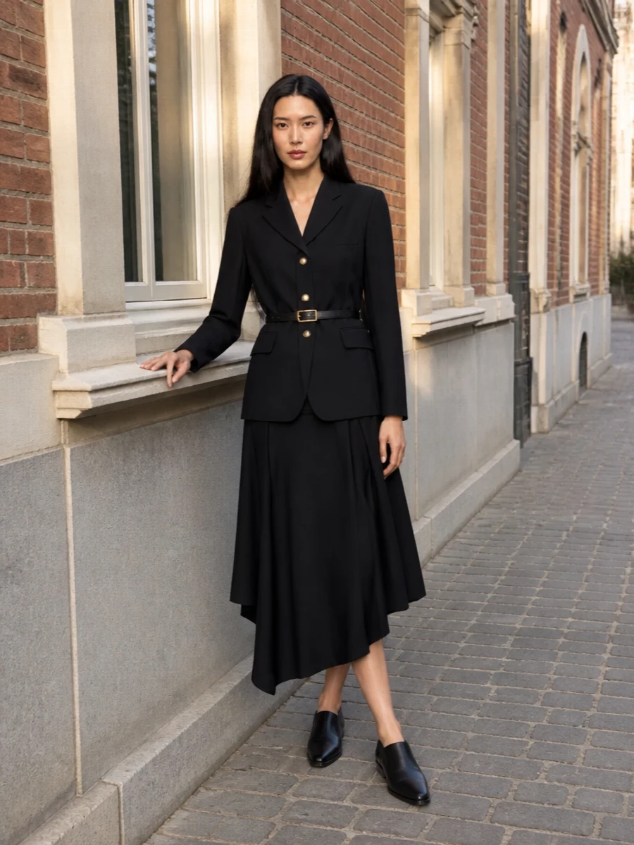 Comme des garcons black blazer midi skirt outfit