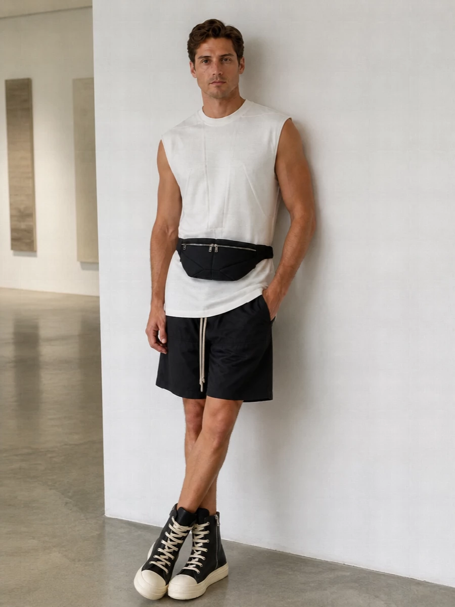 A longline white tank sits against crisp black utility shorts for a clean, graphic take on Rick’s summer uniform. Chunky black high‑tops ground the volume, while a padded belt bag keeps everything close to the body and quietly functional. The result is athletic, architectural streetwear that feels minimal but unmistakably Rick.