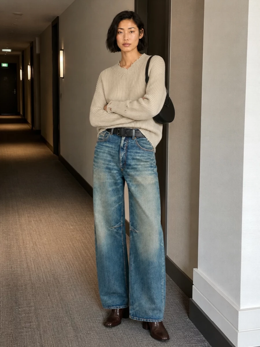 Mm6 wide leg jeans distressed knit ankle boots