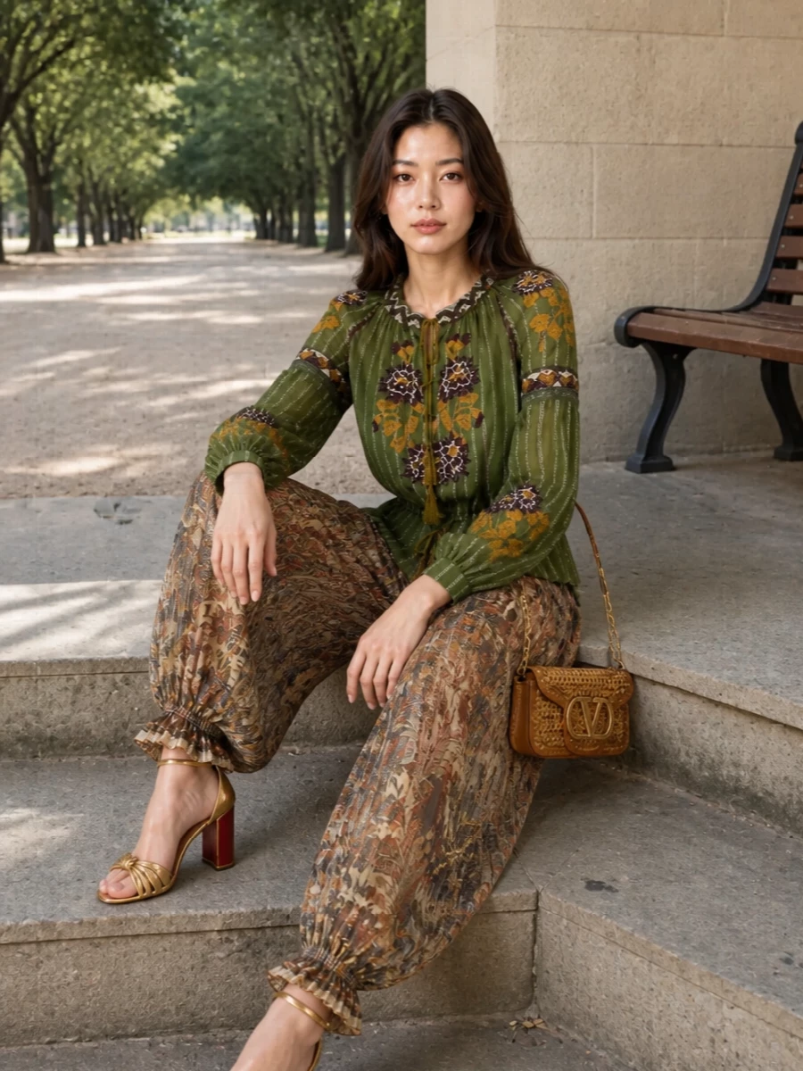 A sheer, gilded wide leg meets an embroidered olive blouse for a rich, bohemian evening story in warm earth and antique gold. Gold block-heel sandals and a structured tan raffia bag sharpen the mood, while a vintage-toned floral scarf adds a final, soft-focus note. It feels opulent yet relaxed, perfect for warm nights where movement and texture do the talking.