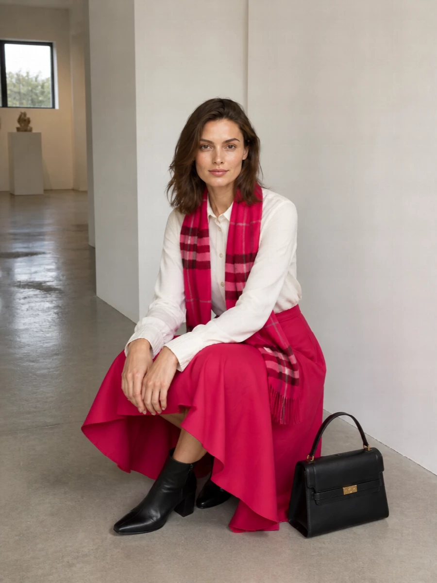 A fluid raspberry midi skirt meets a crisp ivory shirt for a romantic yet quietly preppy pairing that works from daylight meetings to dinner reservations. Sleek black ankle boots and a structured black top-handle keep the silhouette sharp and grounded, while the fuchsia scarf ties the palette together with a soft, feminine finish. The result is confident color handled with restraint and just enough movement to feel special, not loud.