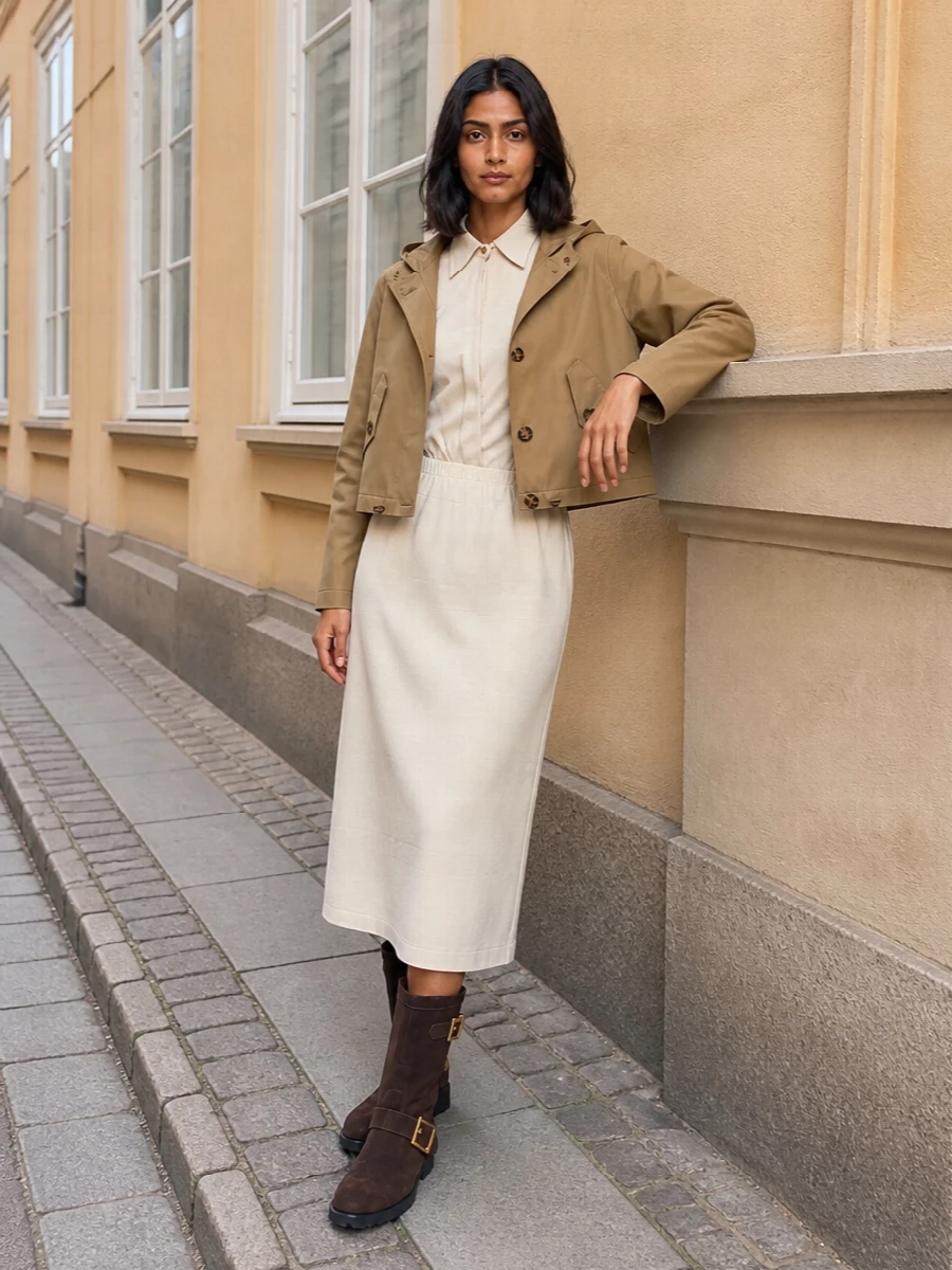 I chose the dress path to let the cropped Burberry jacket sit over a single, fluid column, which keeps the silhouette clean and the palette quietly tonal. Cream, camel and chocolate stack into a minimal, city-ready combination that reads considered rather than busy. The result feels like modern quiet British polish, suited to days that move from desk to dinner without a change.