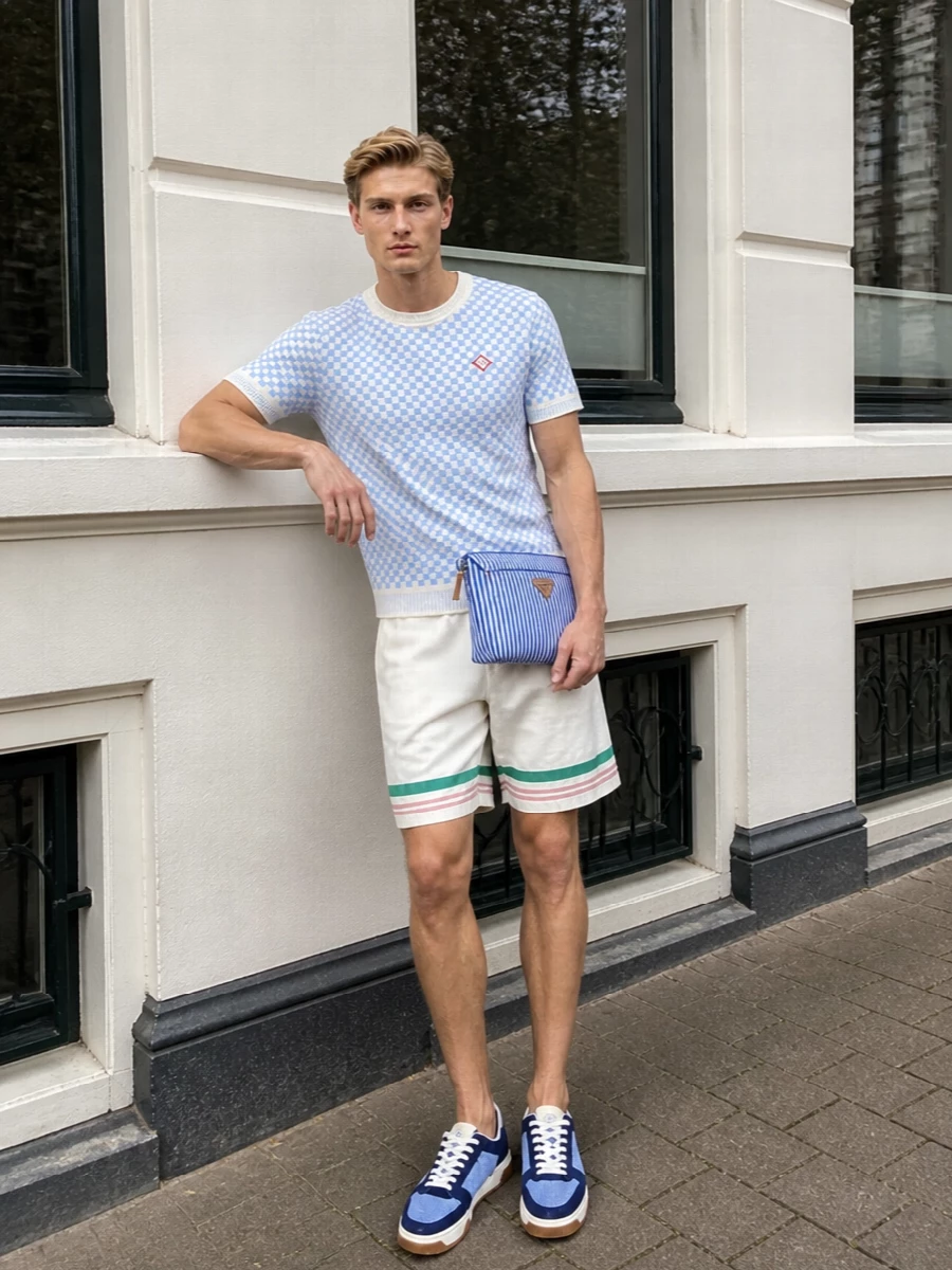 Casablanca knit tee ivory shorts sneakers