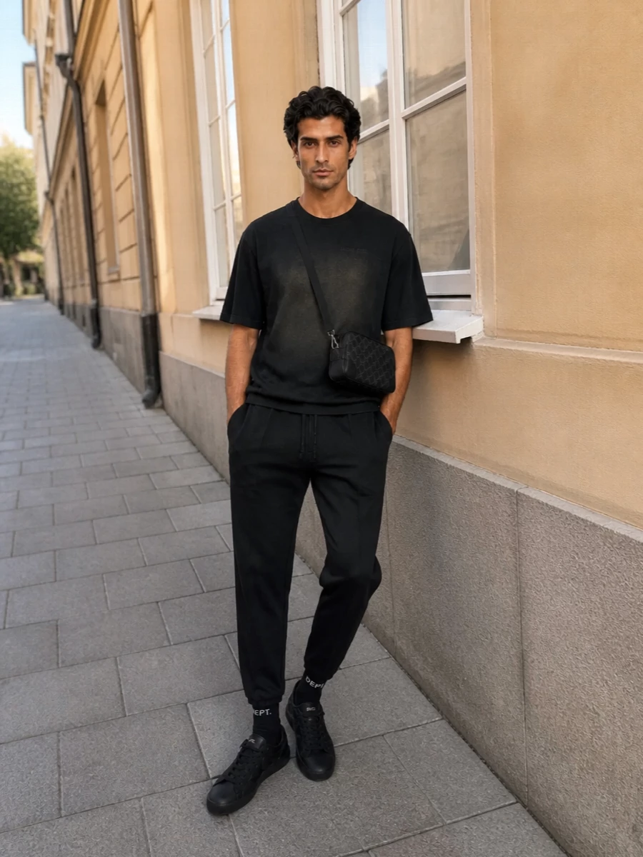 Golden goose black joggers washed tee gucci bag