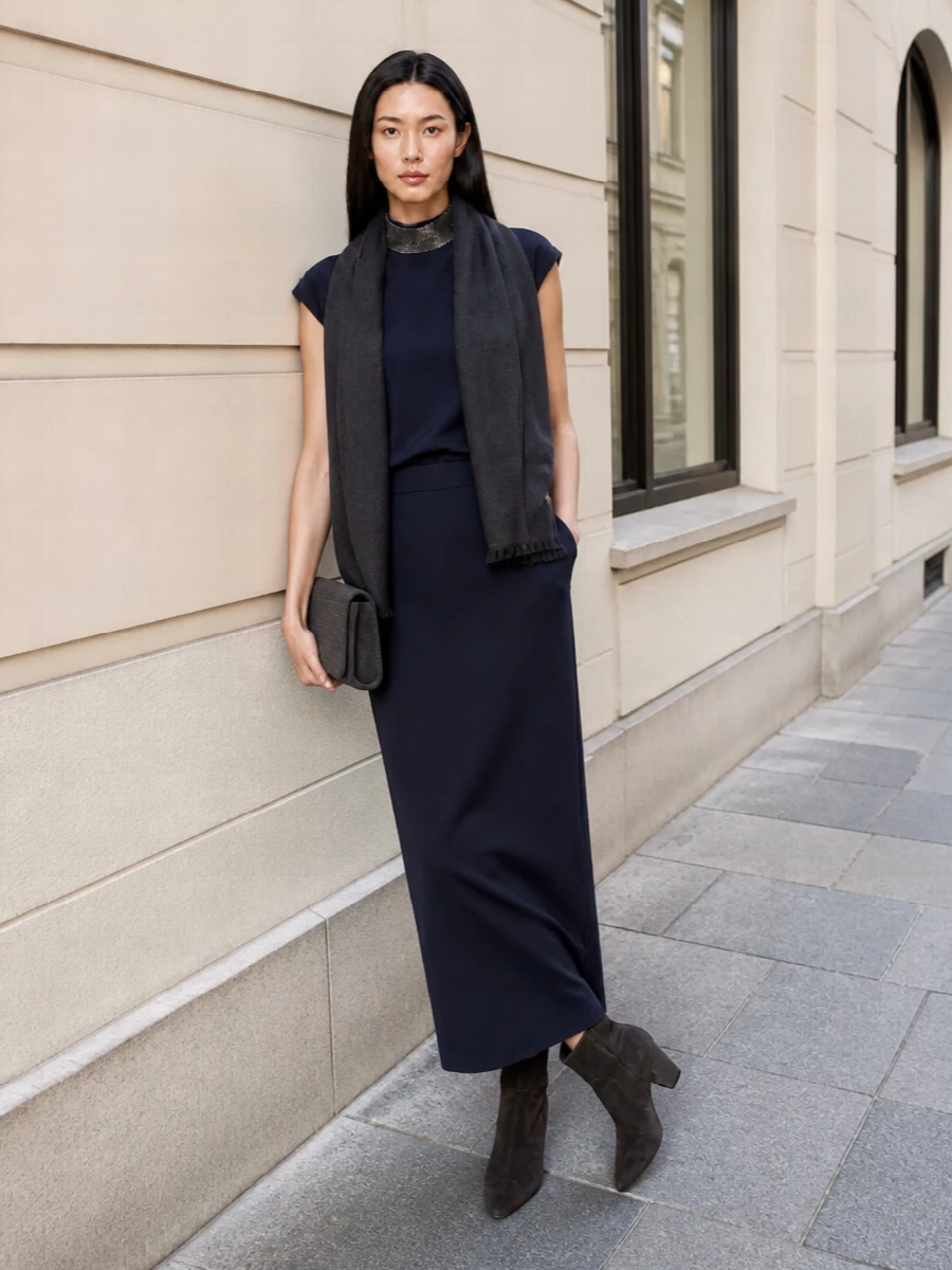 Brunello cucinelli navy shell maxi skirt outfit