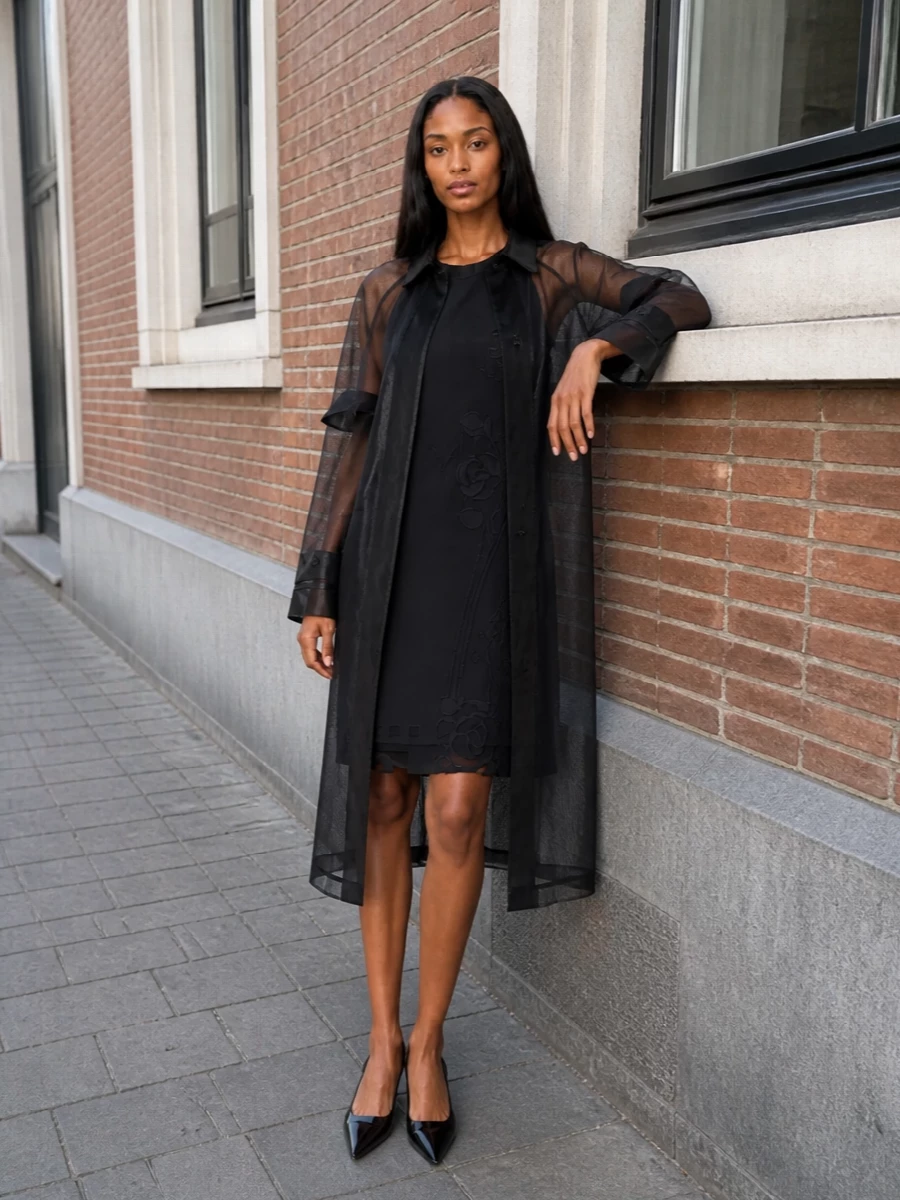 Prada sheer organza coat black shift dress