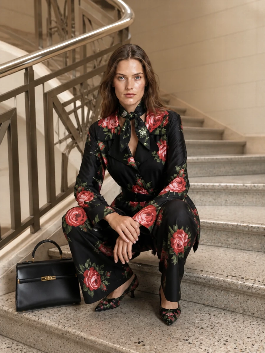 A head-to-toe rose garden on inky black turns this into a modern Dolce&Gabbana set, with the belted shirt-jacket and sweeping trousers reading like a relaxed, romantic suit. The kitten-heel slingbacks and structured black satchel refine the mood, keeping the focus on the print while still feeling polished enough for terraces, art openings, or dinner in the city. A small floral scarf as a finishing touch repeats the palette in a softer key, so the whole ensemble feels intentional rather than matchy.