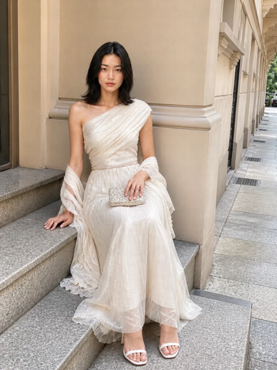 A floor-sweeping metallic-ivory gown is paired with barely there ivory Jimmy Choo stilettos for a long, uninterrupted column of light. A crystal-studded white minaudière and a whisper-soft ivory stole bring in subtle sparkle and texture, keeping the mood romantic and quietly opulent. The result is perfect for black-tie weddings or gala dinners where you want presence without volume or noise.