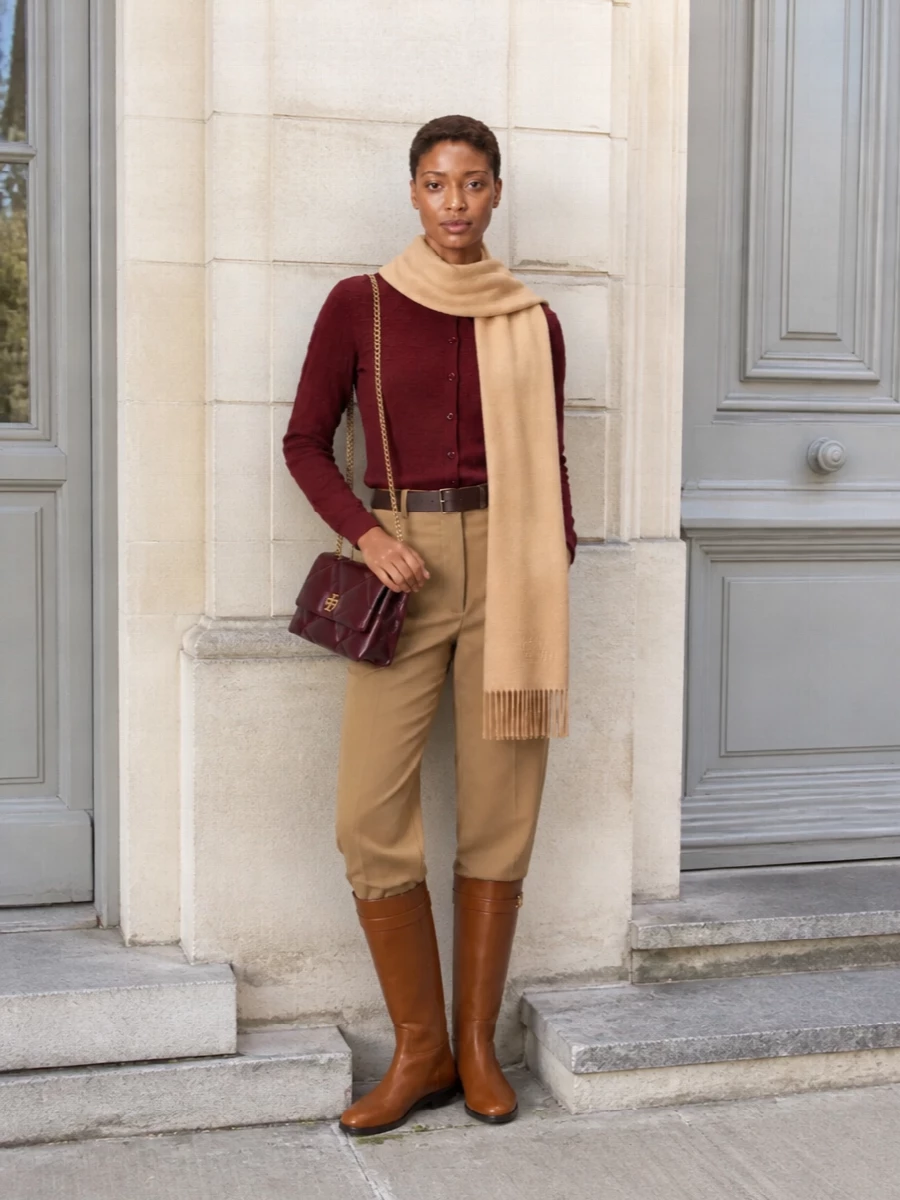 Tory burch burgundy cardigan camel trousers outfit