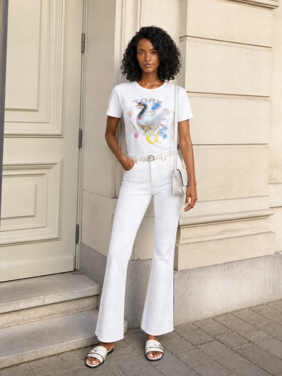 Tory burch swan tee white flared jeans outfit