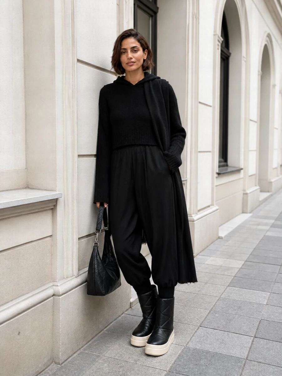Rick owens black cropped hoodie tapered pants outfit