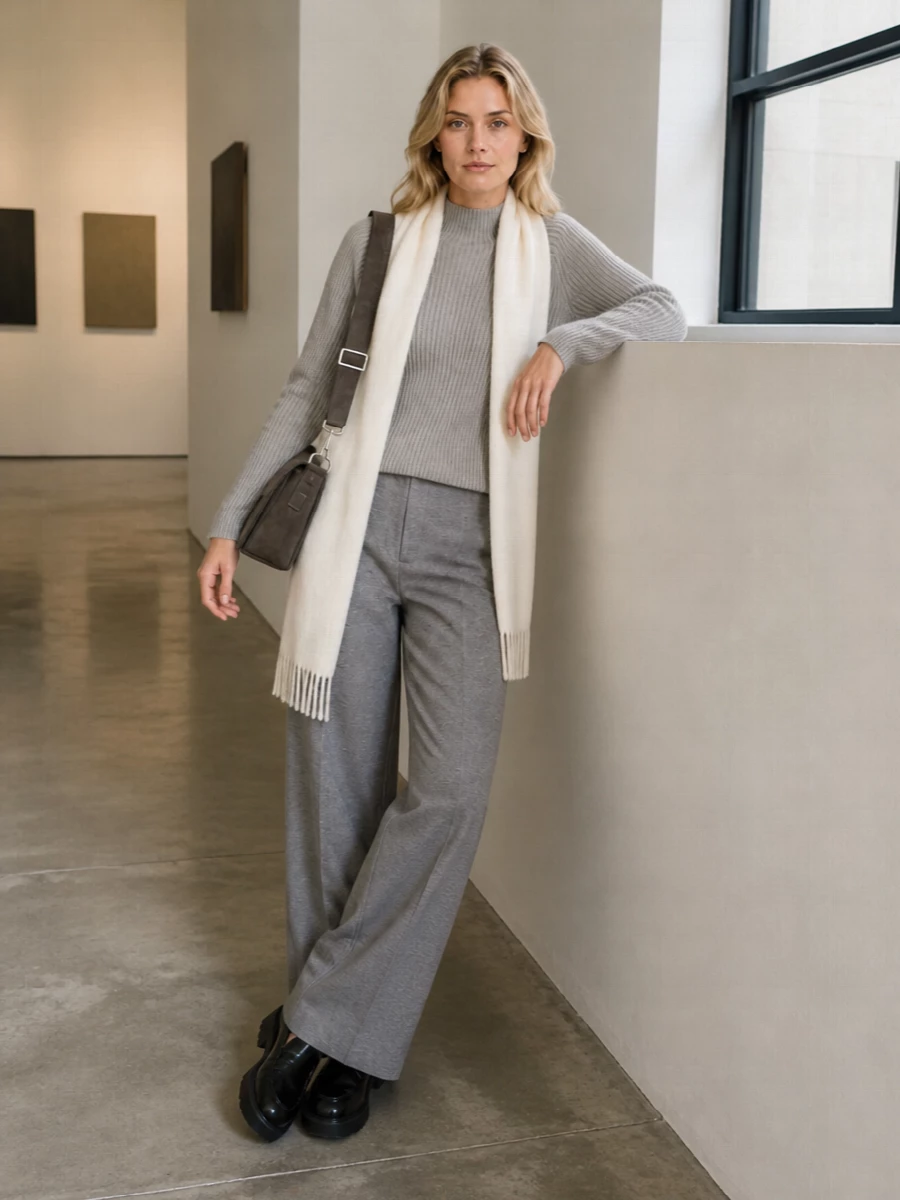 Soft greys are kept calm and precise here: a ribbed mock-neck knit paired with heather wide-leg trousers for a long, relaxed line. Black derbies and a structured charcoal crossbody sharpen the neutrals just enough, while an ivory scarf adds a quiet highlight near the face. It is an easy city uniform that reads thoughtful without trying too hard.