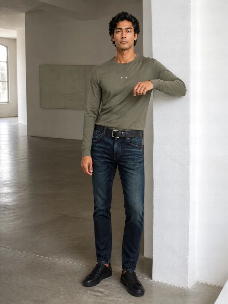 Boss olive long sleeve dark jeans sneakers