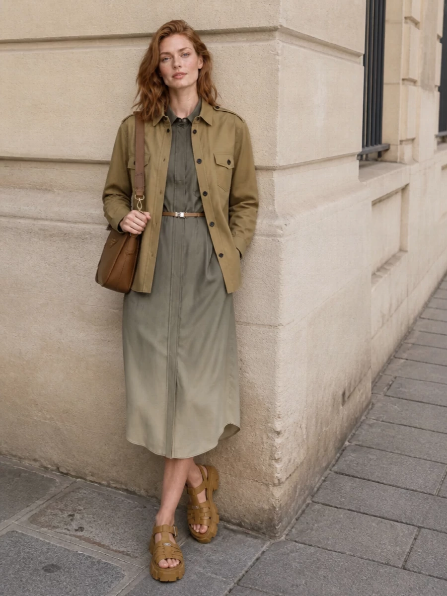 Prada khaki shirt dress outfit fisherman sandals