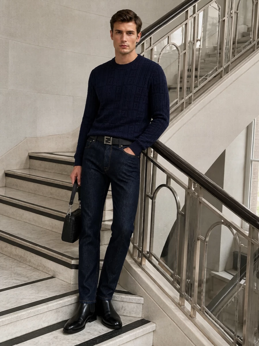 Fendi dark denim navy knit black chelsea boots