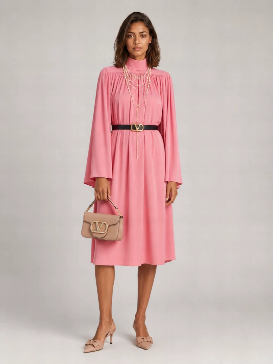 Valentino Garavani Silk Pleated High Neck Long Sleeve Midi Dress