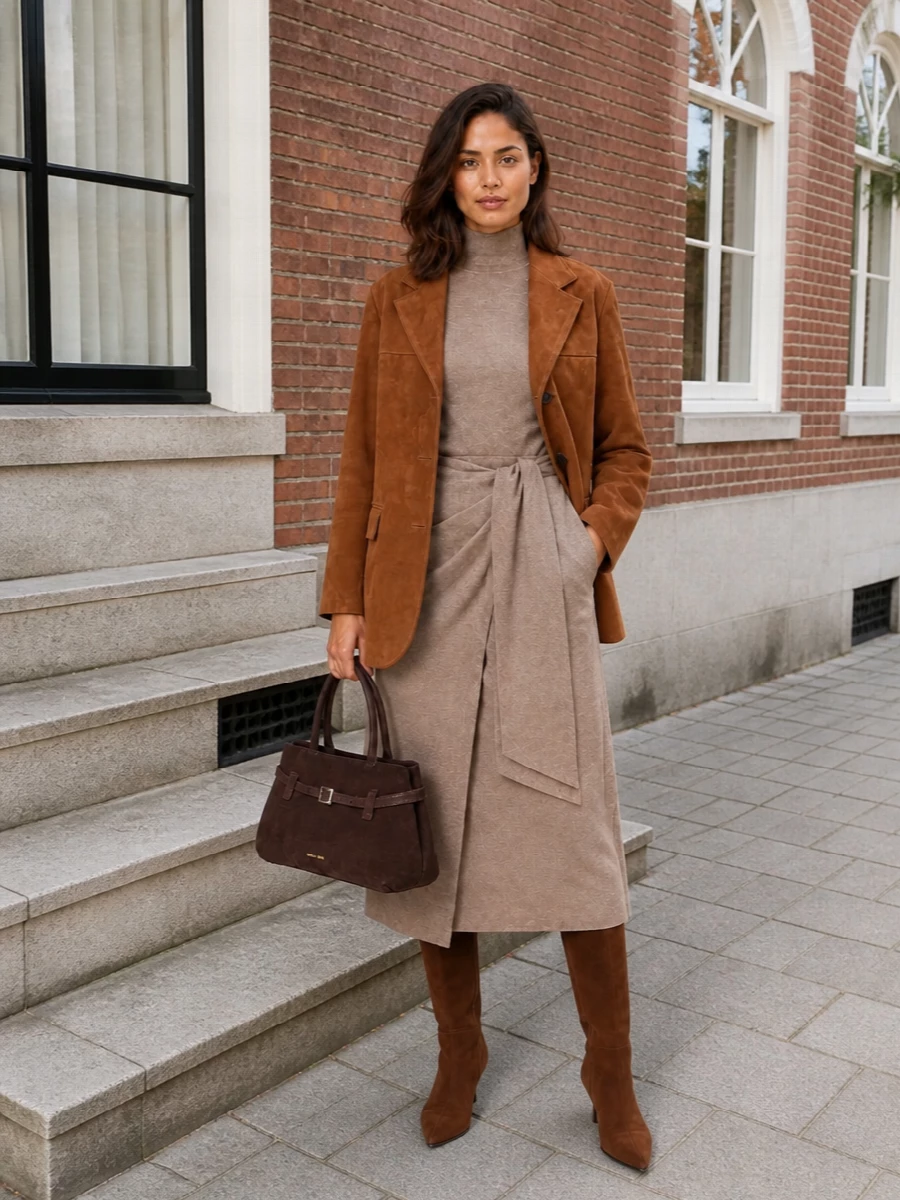 Max mara knit dress suede camel coat outfit