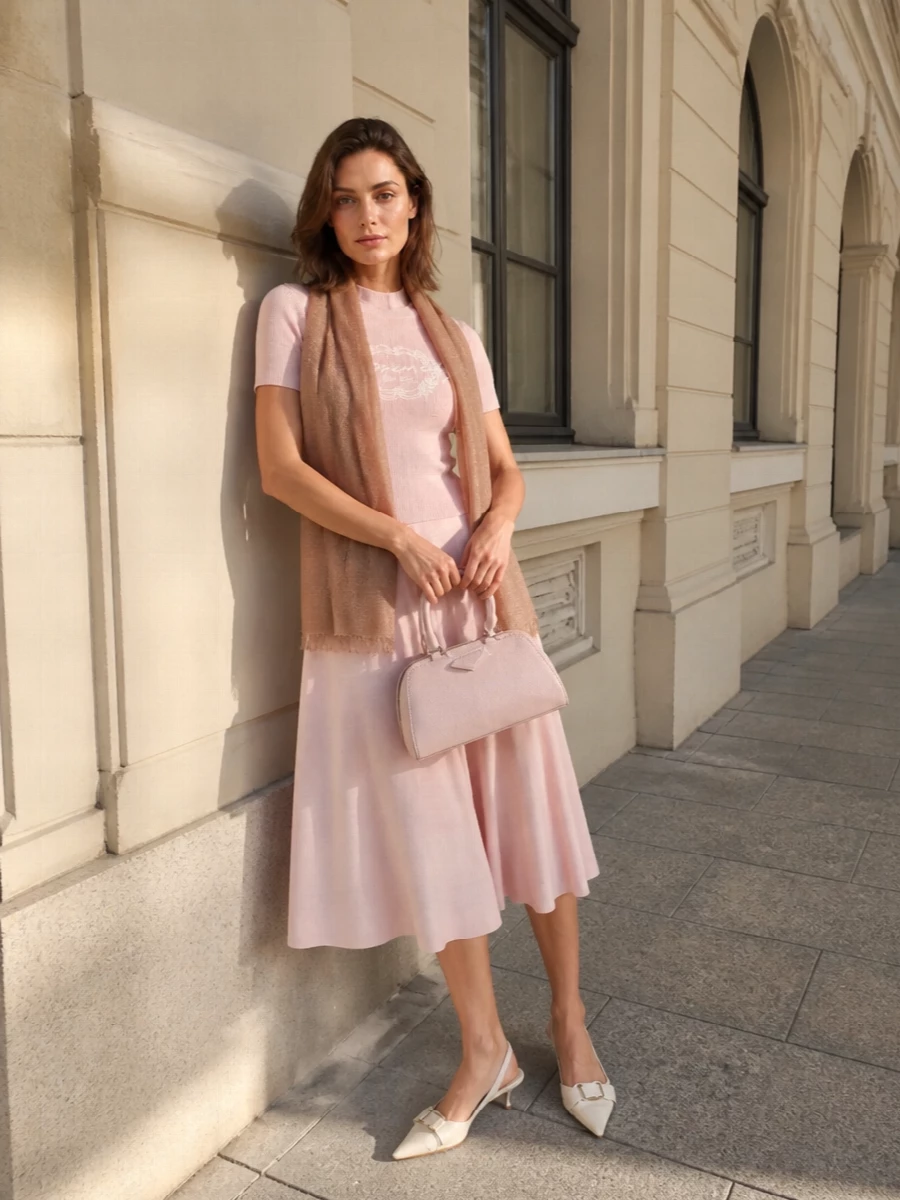 Givenchy blush knit pleated midi outfit