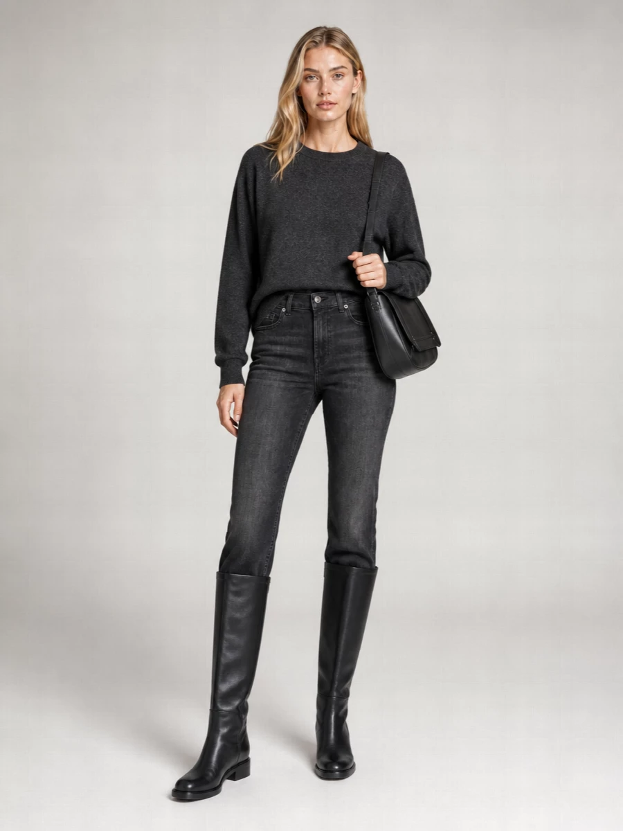 Washed-black flares with a charcoal knit create a long, uninterrupted column that feels easy yet refined. Sleek black knee-high boots keep the line modern and elongating, while a structured black shoulder bag adds just enough polish for city days and discreet dinners. The result is a quietly confident, minimal outfit that reads considered without trying too hard.