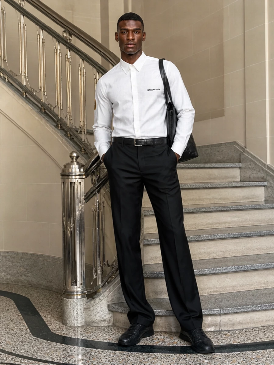 Balenciaga white shirt black tailored trousers