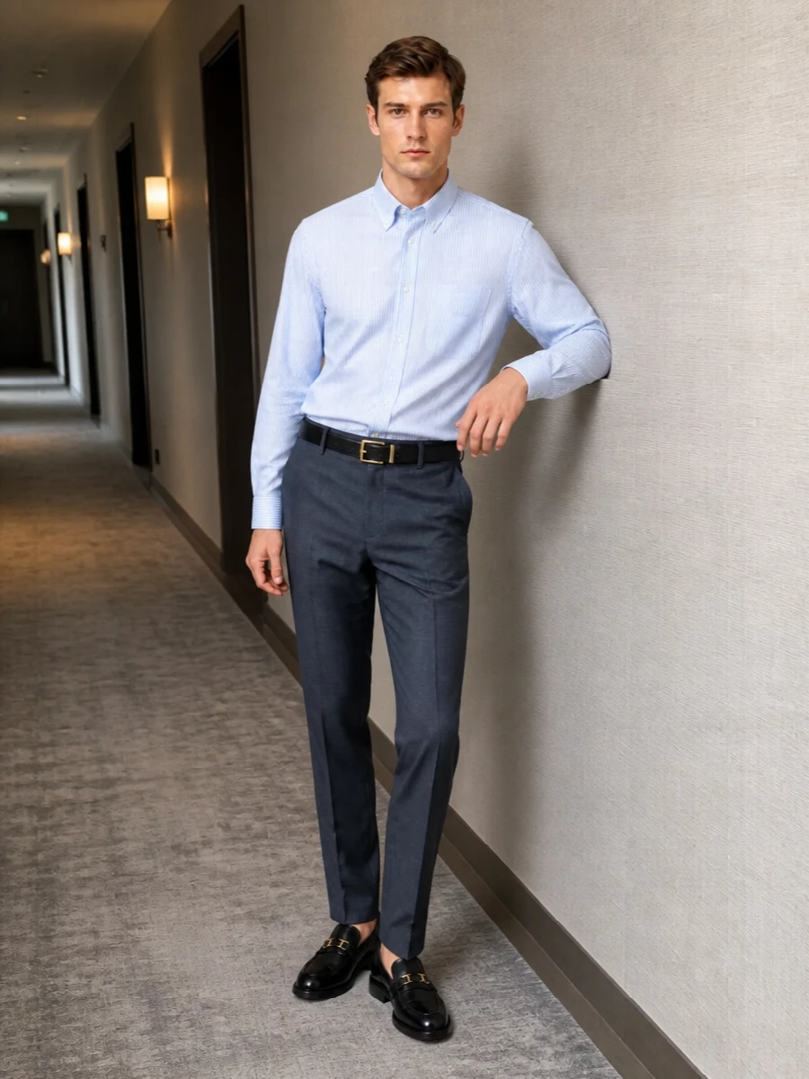 Versace grey trousers blue striped shirt outfit