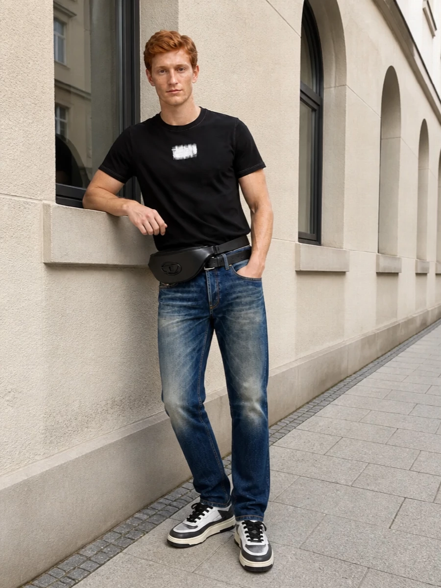 Diesel jeans black tee charcoal sneakers outfit