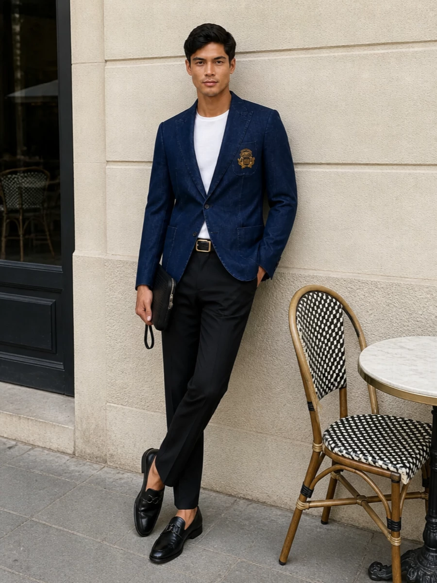 Dolce gabbana denim blazer black tailored trousers