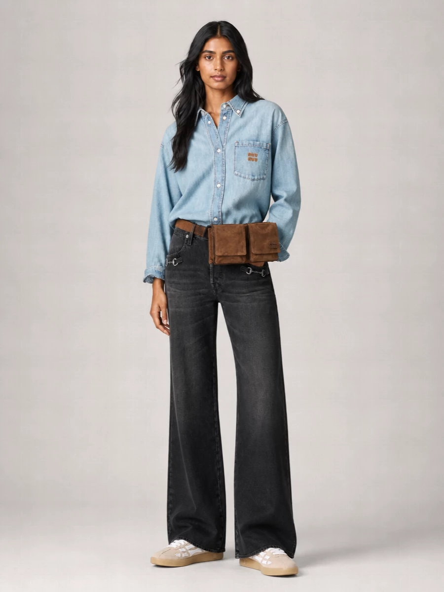 Washed-black Gucci denim and a light Miu Miu denim shirt create a monochrome city uniform that feels intentional rather than matchy, playing texture and tone against each other. Sand Amiri sneakers keep the proportions grounded and easy, while the suede utility belt bag pulls focus to the waist and adds a subtle hit of warm color and hardware. The result is luxe streetwear with a quiet, tailored sensibility that still feels ready for real pavements.