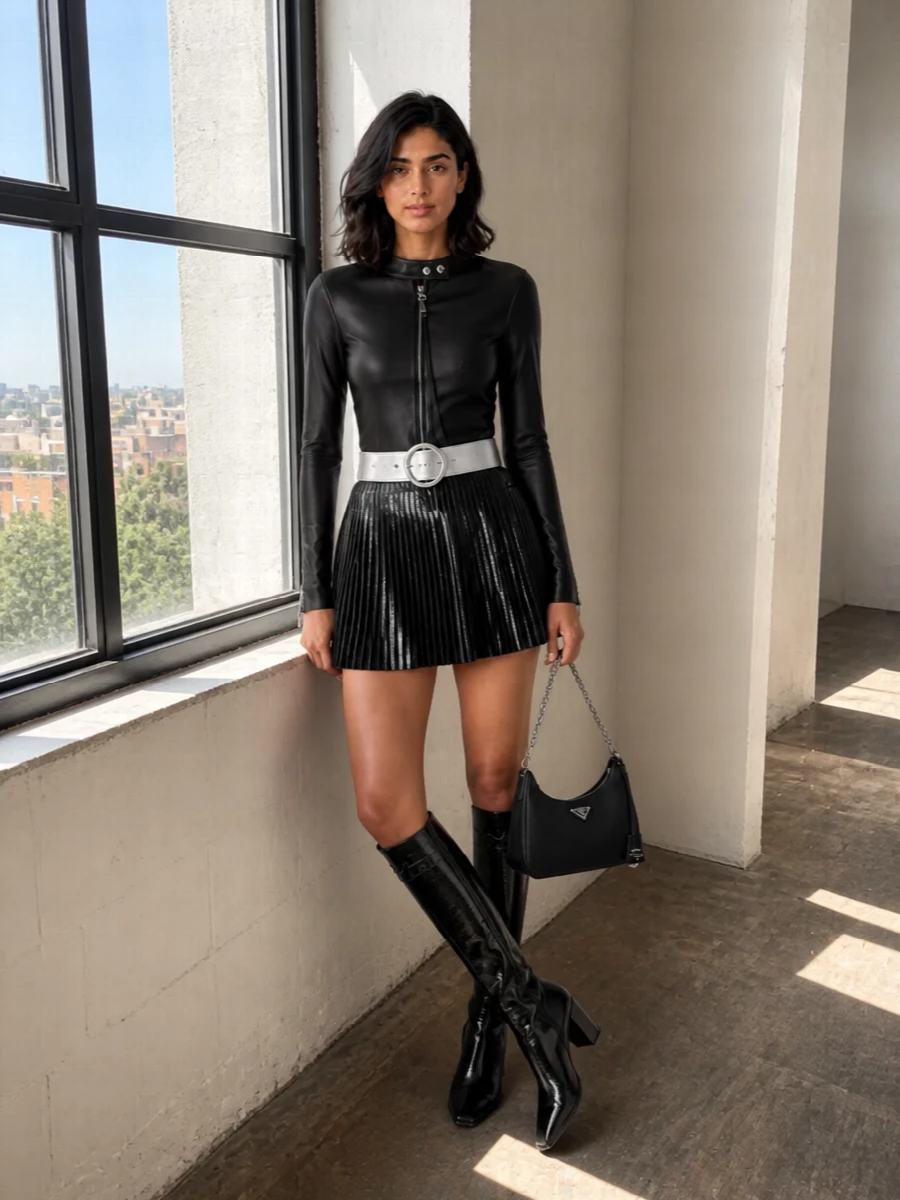 Courreges vinyl mini skirt prada night outfit