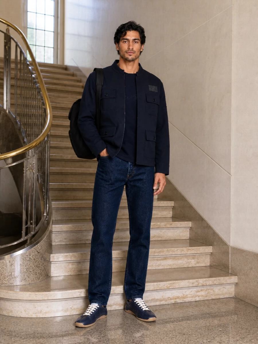 Kenzo navy field jacket dark denim outfit
