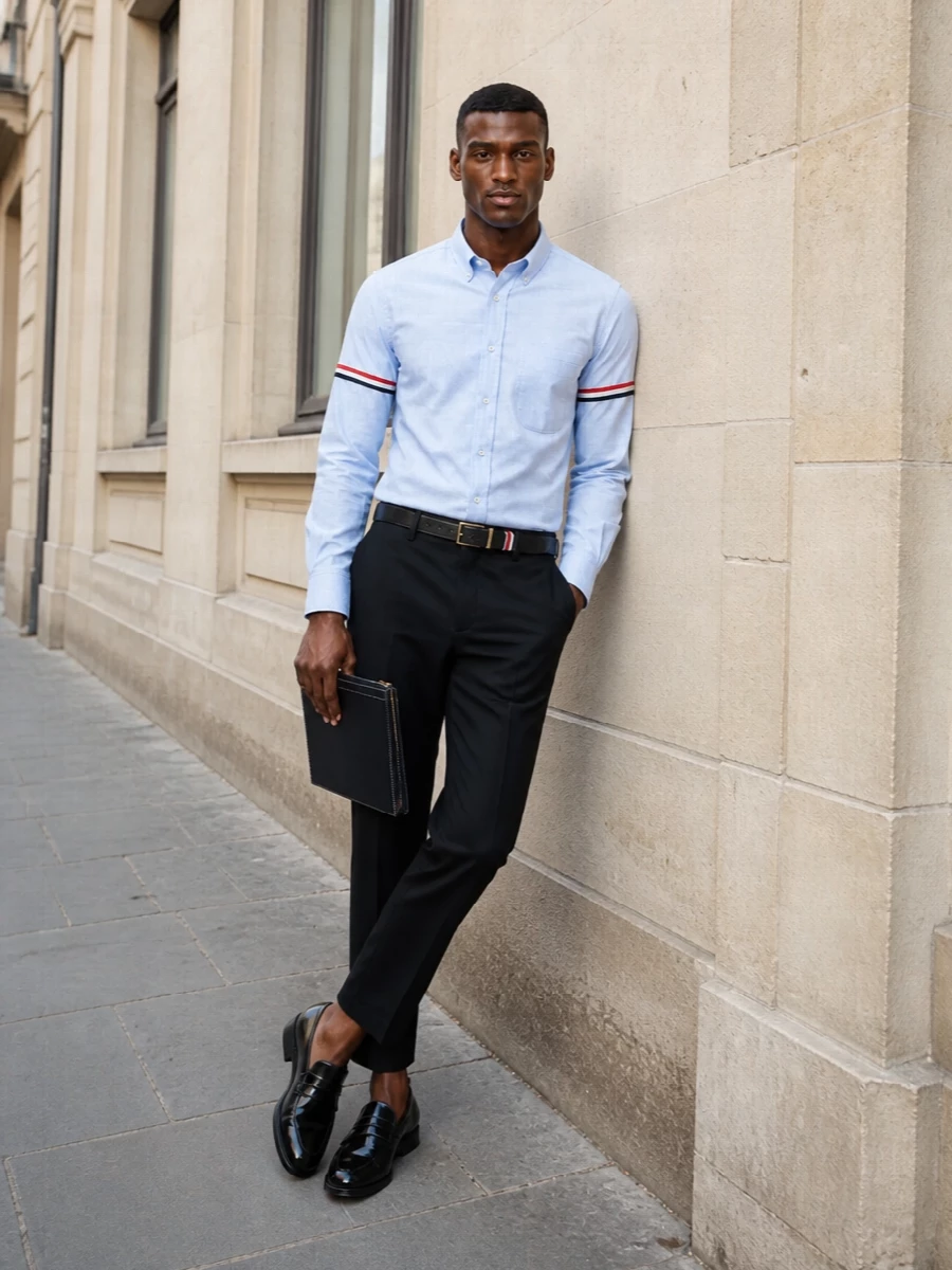 Thom browne cropped trousers stripe shirt outfit