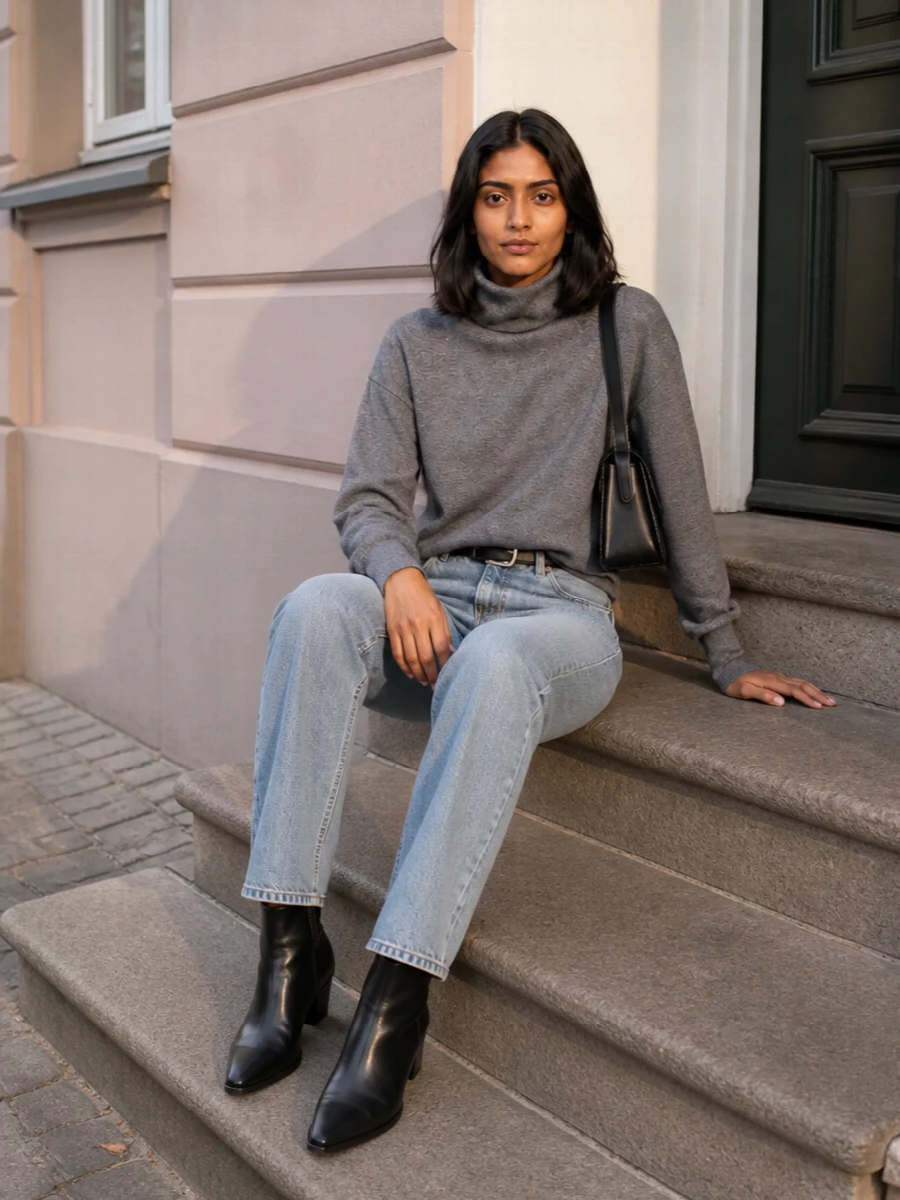 Light grey straight denim paired with a heathered turtleneck creates a cool, tonal base that feels relaxed but considered. Black Chelsea boots and a structured shoulder bag bring just enough polish, while the simple belt quietly defines the waist. It is an easy city uniform that reads minimalist and modern from daytime errands to casual evenings.