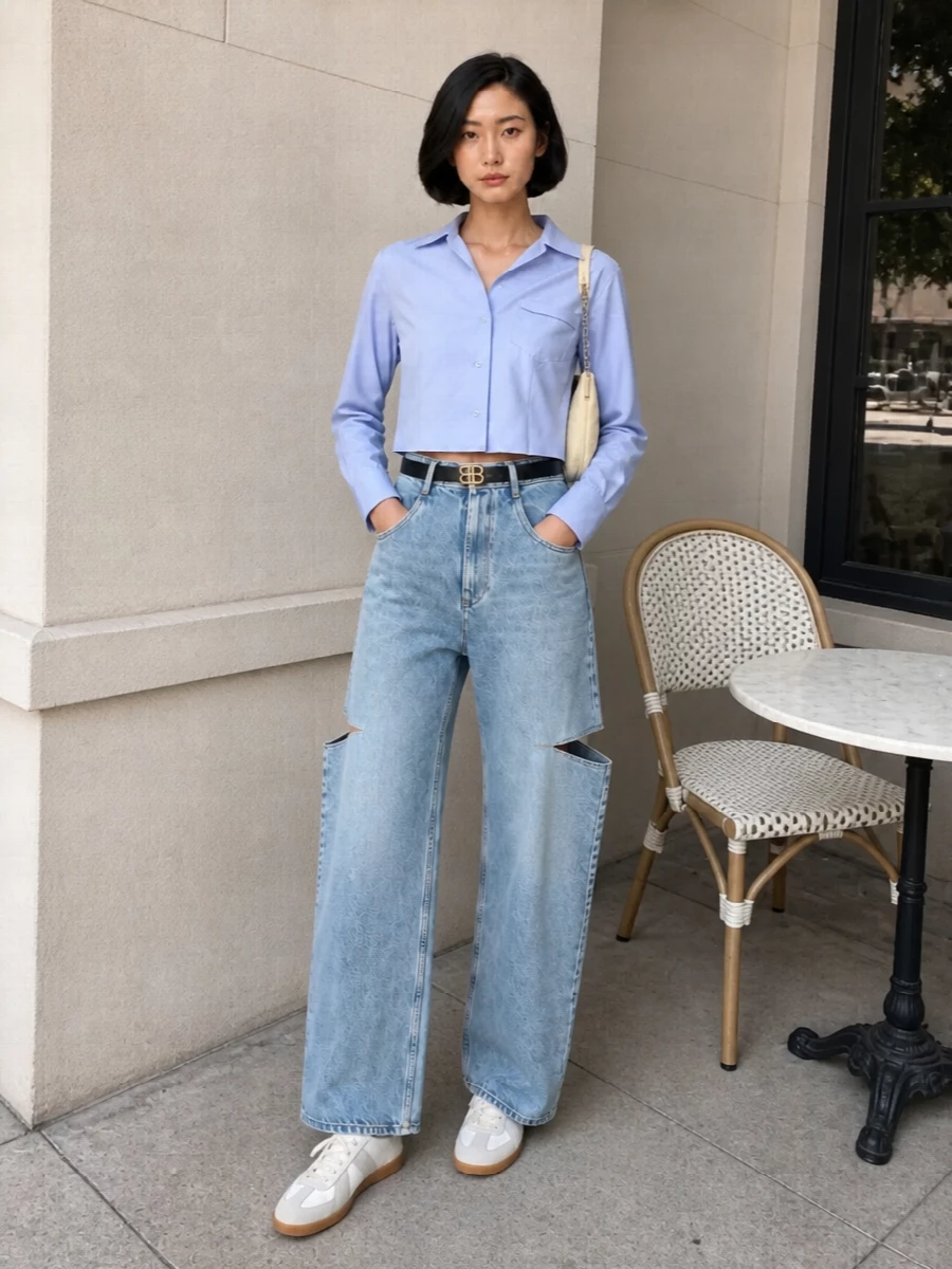 Maison Margiela’s cutout wide-leg denim is paired with a cropped powder-blue shirt to keep the focus on the engineered waist and long line of the leg. Off-white low-top sneakers and a butter-beige crescent bag keep the palette soft and minimal, while a slim black belt crisps the waist for a quietly assertive, city-ready finish. The result is directional denim styling that feels intentional, modern and easy to wear all day.