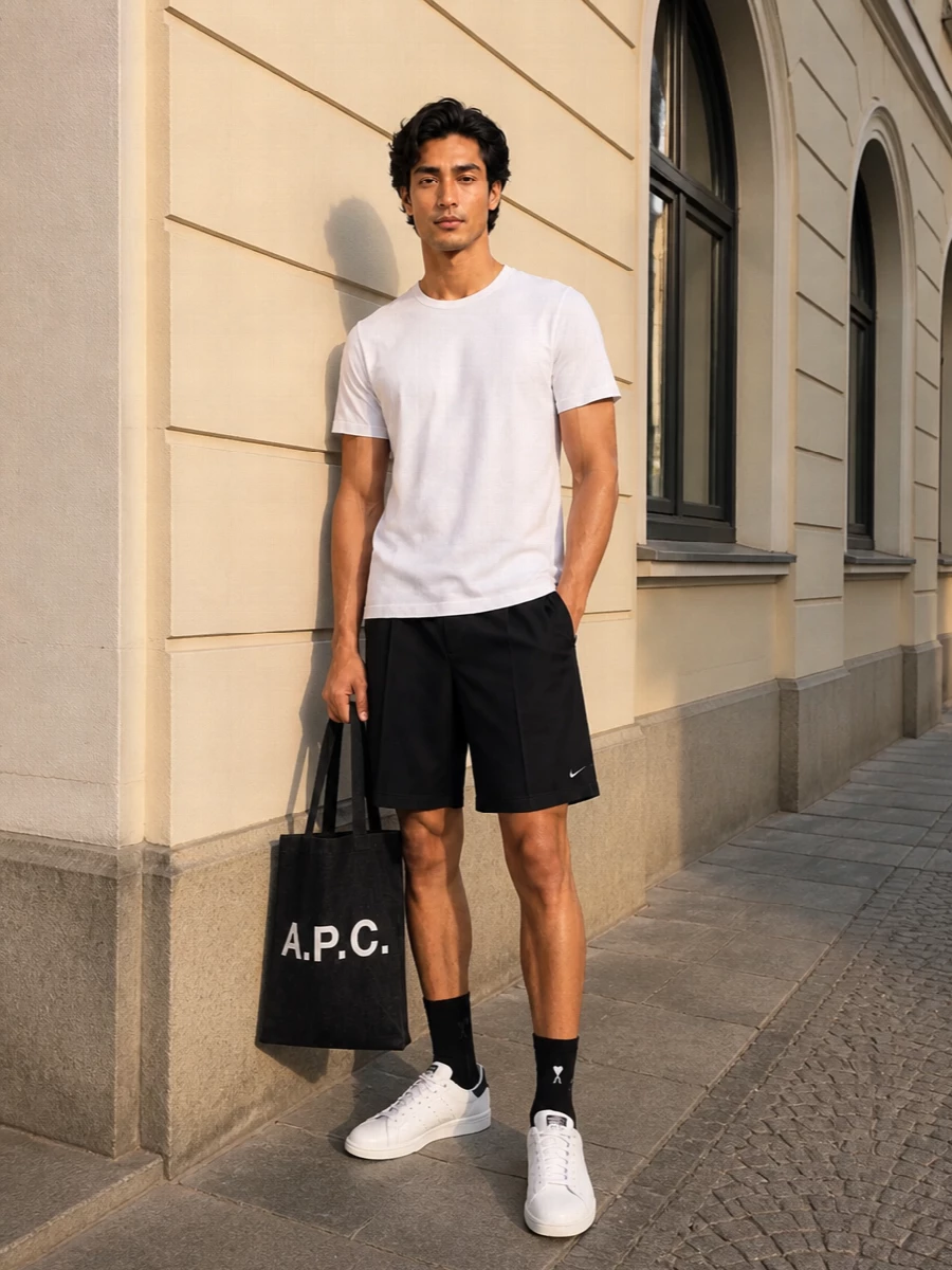 A white Calvin Klein tee meets tailored black sport shorts for a clean, city-ready summer uniform. White court sneakers with a navy heel keep the palette sharp yet easy, while the charcoal A.P.C. tote and black socks ground the light top half without adding fuss.