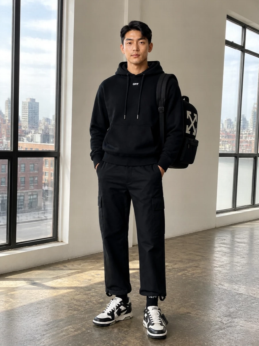 Off white hoodie cargo pants sneakers outfit