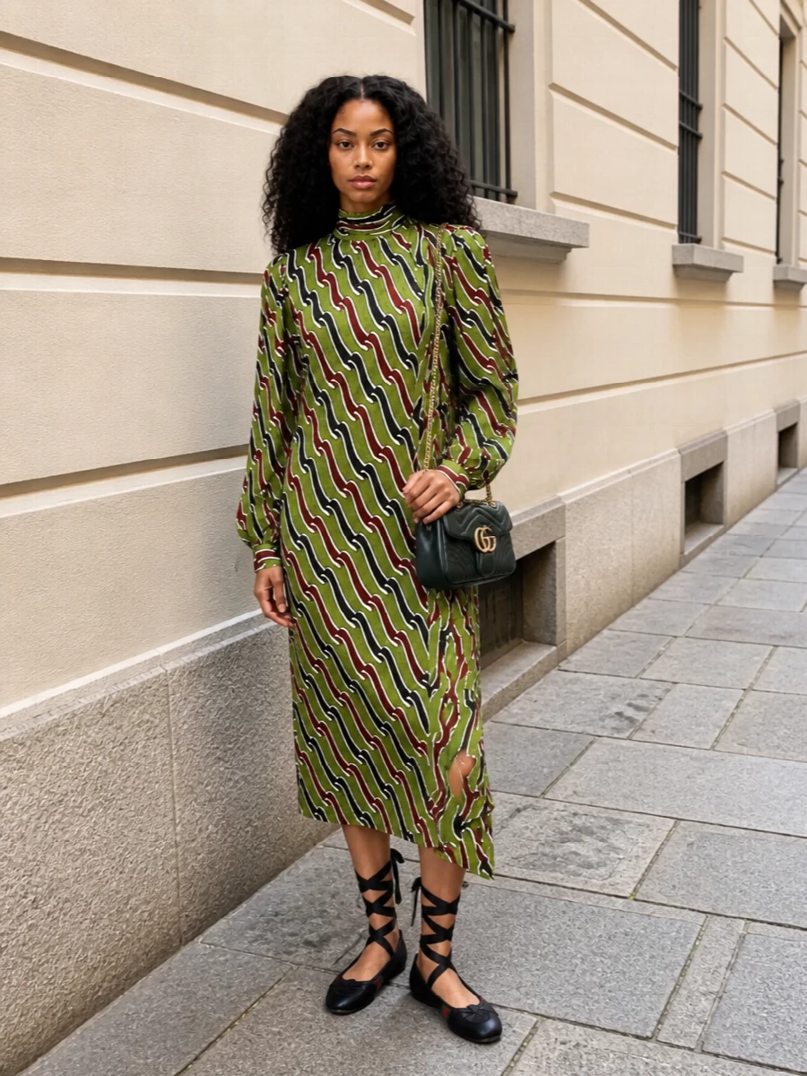 Gucci printed midi dress ribbon ballerina flats