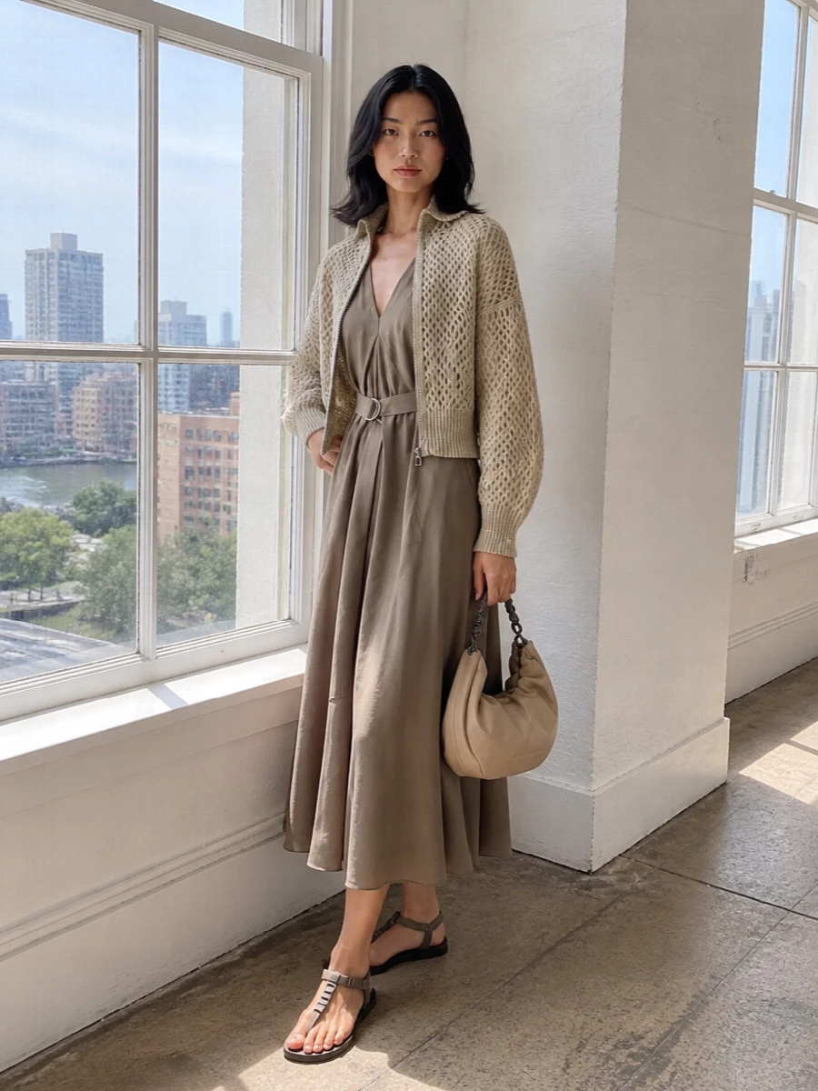 Brunello cucinelli taupe midi dress knit jacket